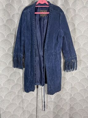Fringe Trim Navy Suede Open-Front Jacket